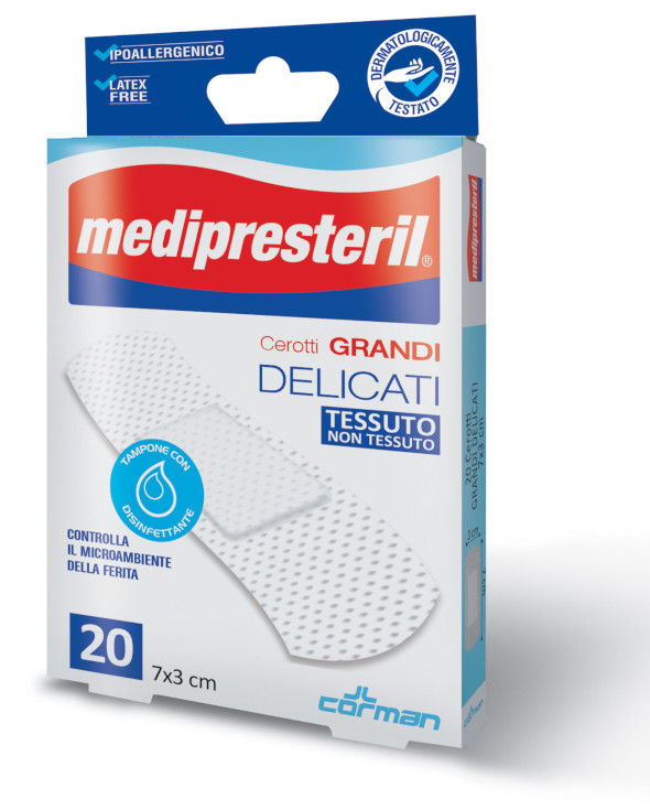 MEDIPRESTERIL 20 CEROTTI GRANDI DELICATI IN TNT 7X3CM - maxifarmacia.it