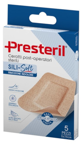 PRESTERIL SILI-SOFT SKIN POST OPERATORIO 5X7,5 CM 5 CEROTTI - maxifarmacia.it