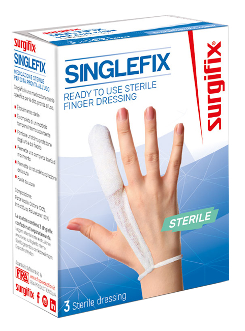 MEDICAZIONE STERILE PER DITO SINGLEFIX, COSTITUITA DA UNA GUAINA IN COTONE E DA UN'IMBOTTITURA INTERNA ASSORBENTE. SI APPLICA DIRETTAMENTE SULLA FERITA E SI FISSA AL POLSO - maxifarmacia.it