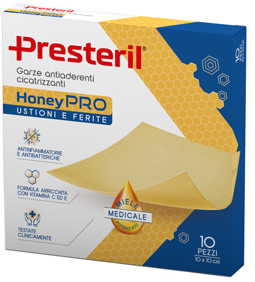 PRESTERIL 10 GARZE ANTIADERENTI CICATRIZZANTI HONEYPRO 10X10 CM - maxifarmacia.it