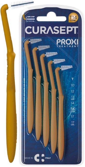 SCOVOLINO CURASEPT PROXI ANGLE MISURA T14 CONICO ISO 4 COLORE OCRA DIAMETRO 1,4 MM 5 PEZZI - maxifarmacia.it
