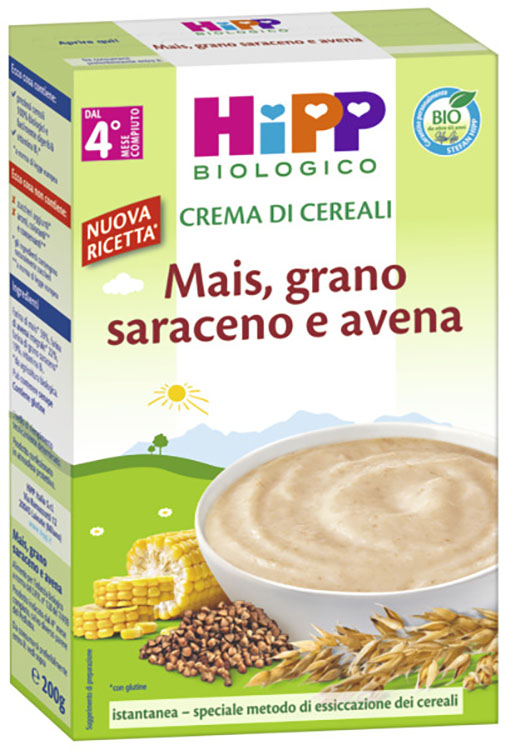 HIPP BIO CREMA CEREALI MAIS/GRANO SARACENO/AVENA 200 G - maxifarmacia.it
