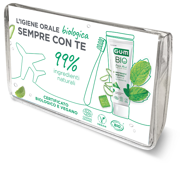 GUM TRAVEL KIT BIO 1 SPAZZOLINO + 1 DENTIFRICIO +  1 SCOVOLINO INTERDENTALE - maxifarmacia.it