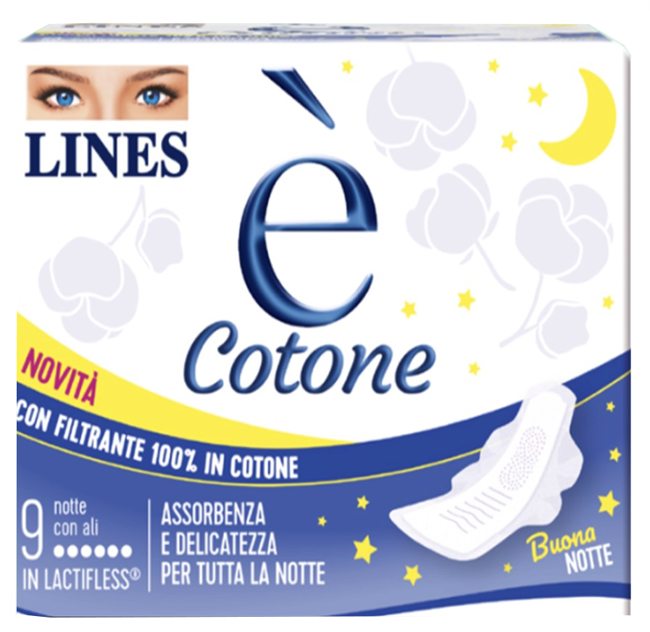 LINES E' COTONE ALI ASSORBENTE ESTERNO NOTTE 9 PEZZI - maxifarmacia.it