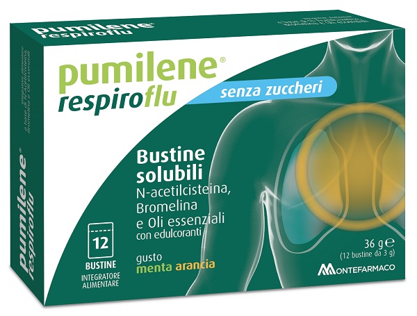 PUMILENE RESPIROFLU SENZA ZUCCHERO 12 BUSTINE GUSTO MENTA ARANCIA 36 G - maxifarmacia.it