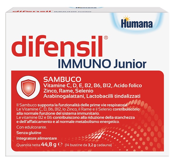 DIFENSIL IMMUNO JUNIOR 14 BUSTINE DA 3,2 G CON EDULCORANTE SENZA GLUTINE - maxifarmacia.it